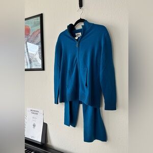 NEIMAN MARCUS CASHMERE TEAL ZIP JACKET SKIRT SET QUIET LUXURY OLD MONEY M/S